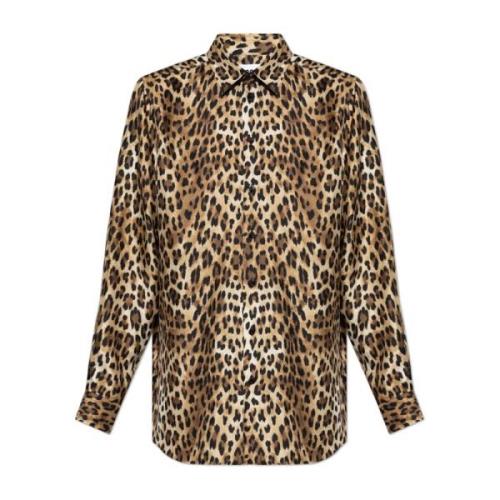 Zijden shirt met luipaardprint Moschino , Brown , Heren