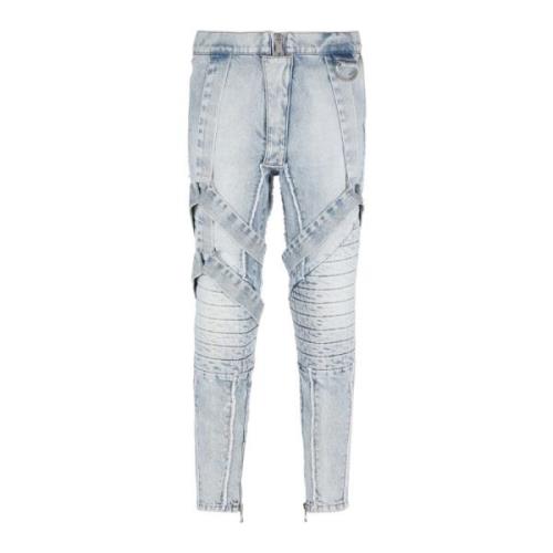 Katoenen slim-fit jeans met bandjes Balmain , Blue , Heren