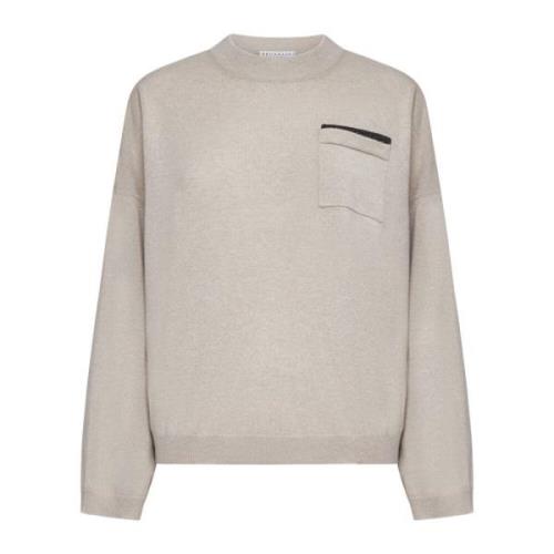 Kasjmier Crew Neck Sweater met Monile Versiering Brunello Cucinelli , ...