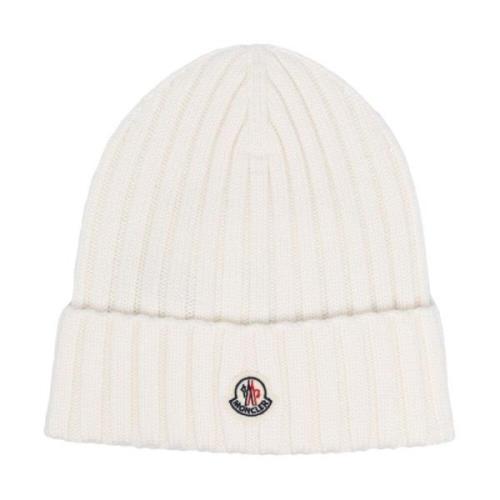 Witte Geribbelde Beanie Logo Patch Moncler , White , Dames