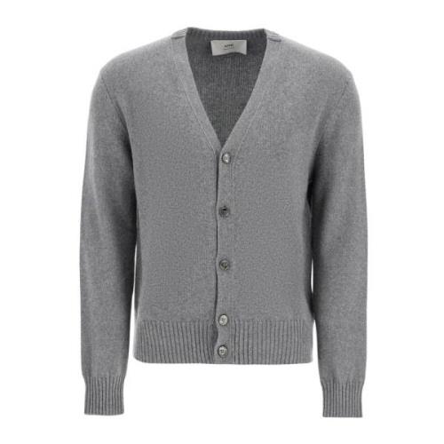 Luxe Cashmere Cardigan met Geborduurd Logo Ami Paris , Gray , Heren