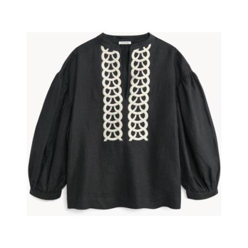 Zwarte Linnen Blouse met Intricate Borduurwerk By Herenne Birger , Bla...