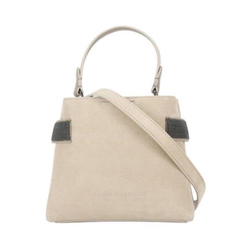 Beige Suède Leren Handtas met Messing Details Brunello Cucinelli , Bei...