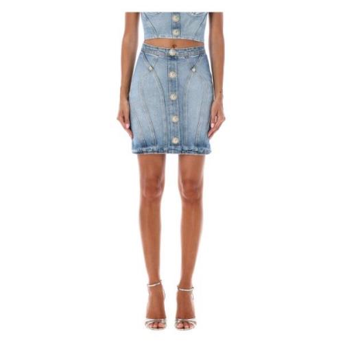 Lichtblauwe Denim Mini Rok Balmain , Blue , Dames