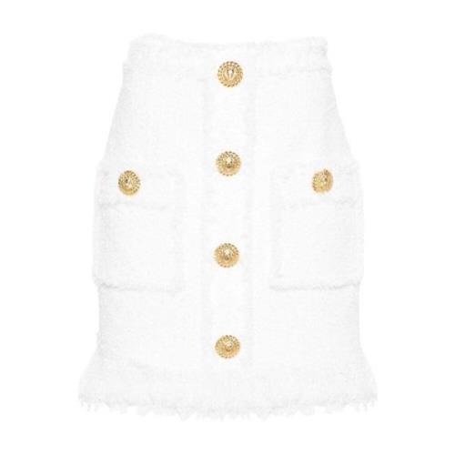 Hoge Taille Tweed Rok Franje Zoom Balmain , White , Dames