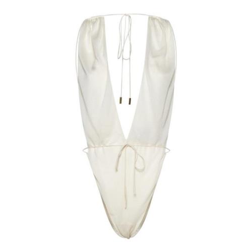 Crème Halternek Bodysuit met Diepe V-hals Saint Laurent , Beige , Dame...