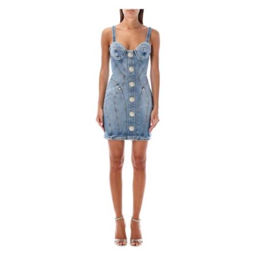 Lichtblauwe Denim Bustier Jurk Balmain , Blue , Dames