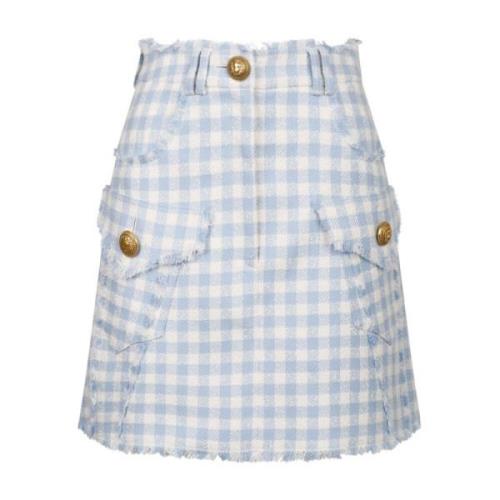 Blauwe Gingham Tweed A-Lijn Rok Balmain , Blue , Dames