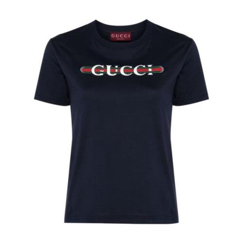 Blauw Logo Print Crew Neck T-shirt Gucci , Blue , Dames