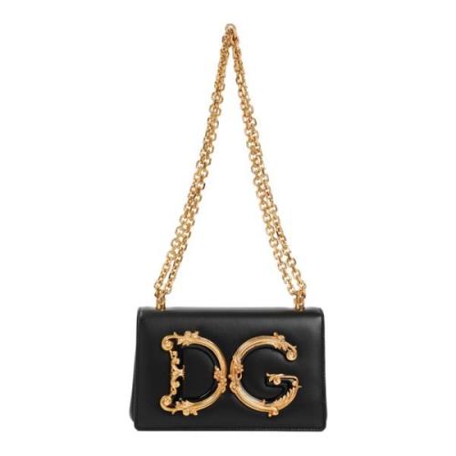 Zwarte Schoudertas met Gouden Logo Dolce & Gabbana , Black , Dames