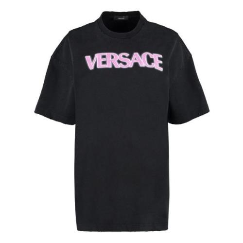 Contrasterend Logo Katoenen T-Shirt Versace , Black , Dames