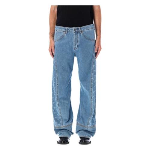 Lichtblauwe Maan Laser Gebogen Jeans Marine Serre , Blue , Heren