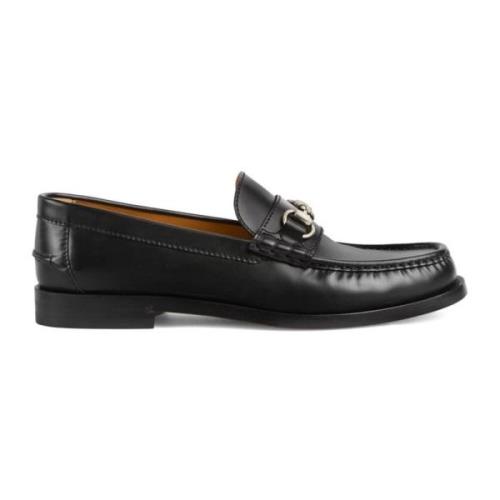 Leren Loafers met Horsebit Detail Gucci , Black , Heren