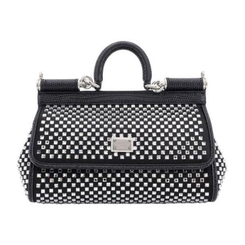 Rhinestone Satijnen Handtas met Flap Sluiting Dolce & Gabbana , Black ...