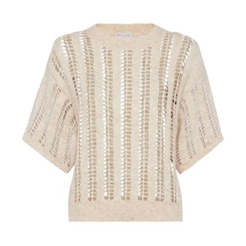 Luxe Crew Neck Short Sleeve Sweater Brunello Cucinelli , Beige , Dames