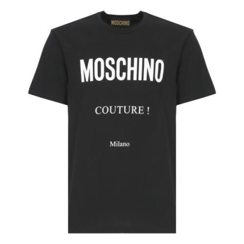 Zwart Katoenen T-shirt met Logo Print Moschino , Black , Heren