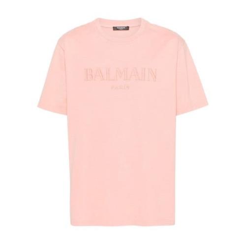 Zalmroze Logo Geborduurde Jersey Tee Balmain , Pink , Heren