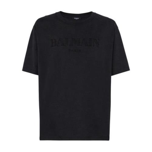 Geborduurd Logo Crew Neck T-shirts Balmain , Gray , Heren