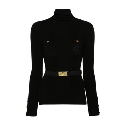 Zwarte Ribgebreide Trui met Hoge Kraag Elisabetta Franchi , Black , Da...