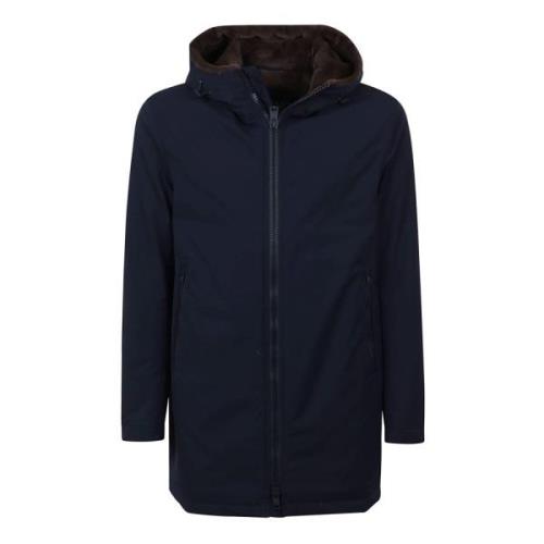 Navy Blue Hooded Parka met Faux Fur Herno , Blue , Heren