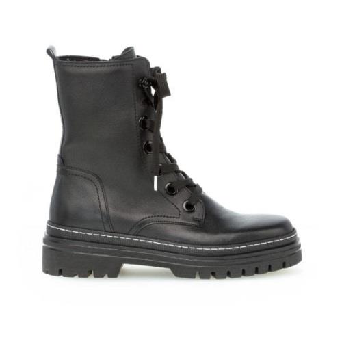 Zwarte Leren Veterbooties Gabor , Black , Dames