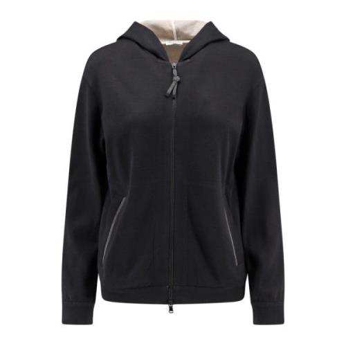 Monili Detail Katoen Zijde Hoodie Brunello Cucinelli , Black , Dames