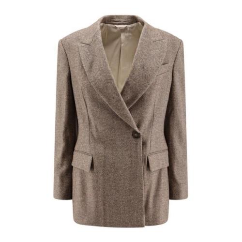 Herringbone Wolblend Double-Breasted Blazer Brunello Cucinelli , Brown...