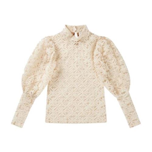 Elegante Bloemen Mesh Top Creme Munthe , Beige , Dames