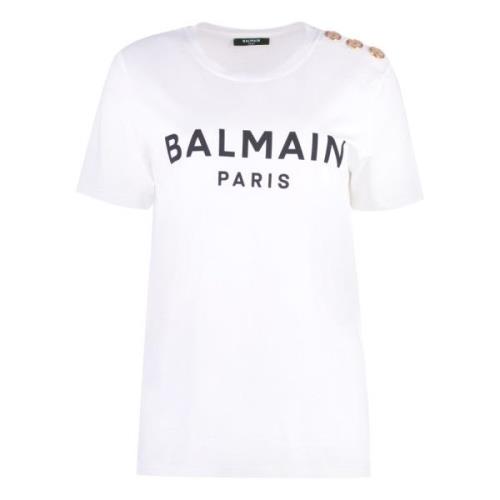 Katoenen Crew-Neck T-Shirt met Versierde Knopen Balmain , White , Dame...