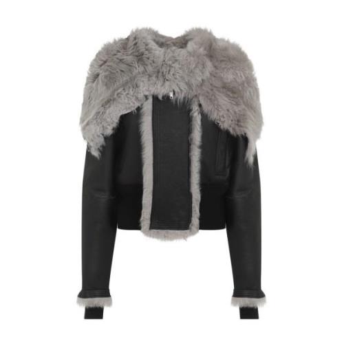 Zwarte Leren Bont Trim Jas Rick Owens , Black , Dames