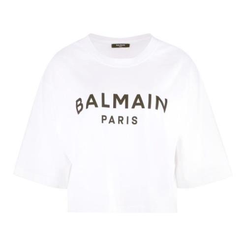 Geribbelde Katoenen Crew-Neck T-shirt Balmain , White , Dames