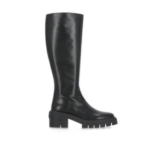 Zwarte Leren Laarzen Ronde Neus Rits Stuart Weitzman , Black , Dames