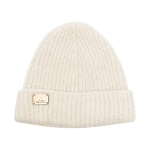 Alpaca Wool Logo Beanie Hat Isabel Marant , White , Dames