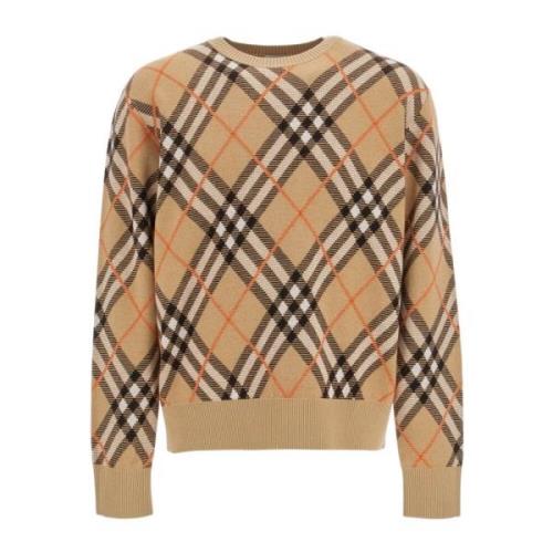 Check Jacquard Wol Mohair Trui Burberry , Beige , Heren