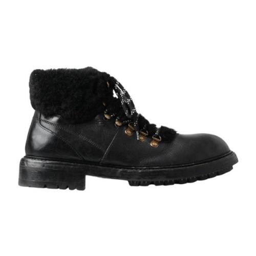 Zwarte Leren Shearling Laarzen Dolce & Gabbana , Black , Heren