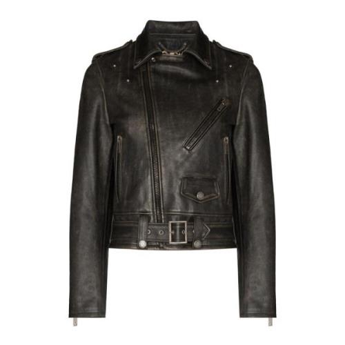 Zwarte Leren Biker Jas Rits Sluiting Golden Goose , Black , Dames