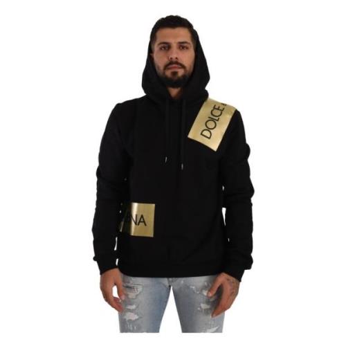 Zwarte Gouden-Logo Pullover Hoodie Dolce & Gabbana , Black , Heren