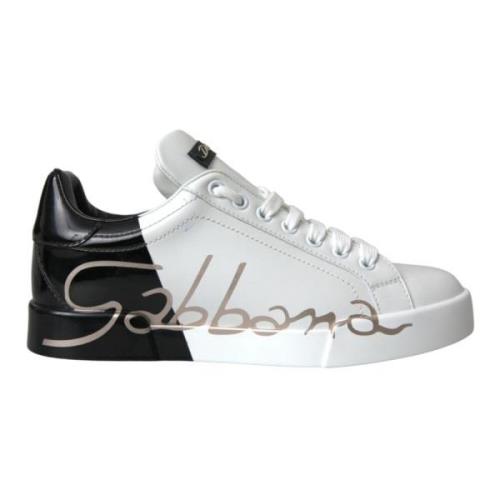 Witte Zwarte Portofino Lage Top Leren Sneakers Dolce & Gabbana , White...