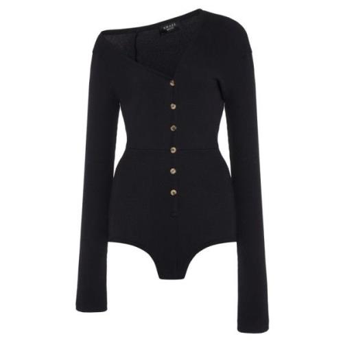 Zwart Geribbelde Bodysuit met Asymmetrische Kraag A.w.a.k.e. Mode , Bl...