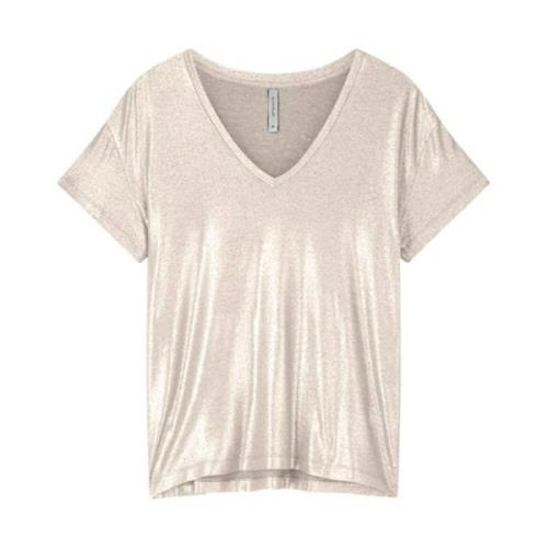 Metallic Coated Jersey V-Neck Top Summum Woman , Beige , Dames