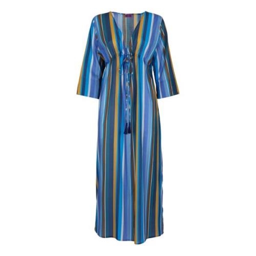 Blauwe Katoenen Kaftan met Multicolor Strepen Gallo , Multicolor , Dam...