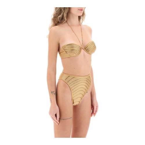 Rhinestone Bikini Set Metallic Lycra Oseree , Beige , Dames