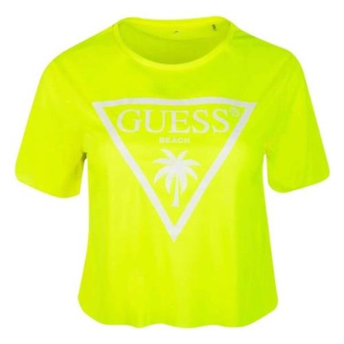 Logo Crop T-Shirt Guess , Yellow , Dames