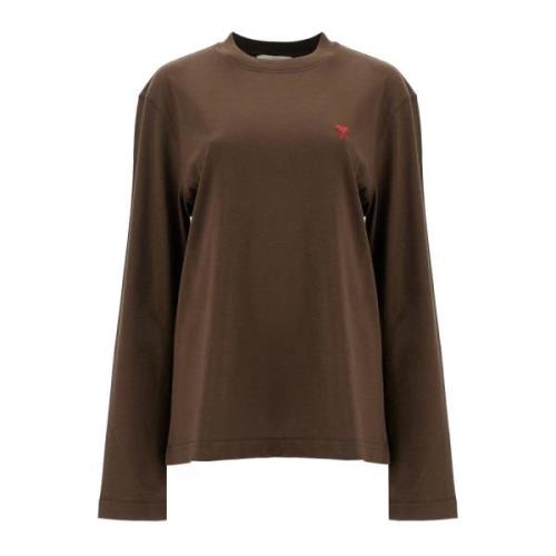 Geborduurd Logo Katoenen Longsleeve T-shirt Ami Paris , Brown , Dames