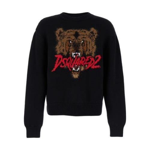 Zwarte Jacquard Bear Crewneck Sweater Dsquared2 , Black , Heren