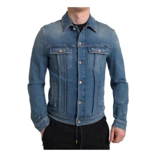 Blauwe Gewassen Denim Jack met Zakken Dolce & Gabbana , Blue , Heren