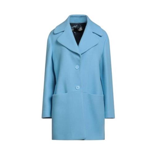 Blauwe Wollen Jas met Logo Detail Love Moschino , Blue , Dames