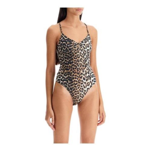 Leopard Print One-Piece Swimsuit Ganni , Beige , Dames