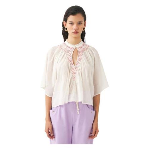 Katoenen voile handgeborduurde blouse Ayo Antik Batik , Beige , Dames