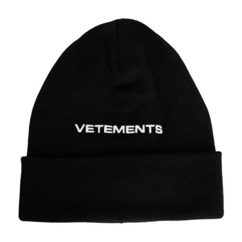 Geborduurd Logo Zwarte Beanie Muts Vetements , Black , Heren